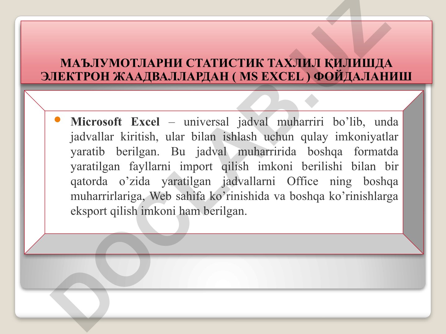 Microsoft Excel dasturida ma'lumotlarni statistik tahli qilish