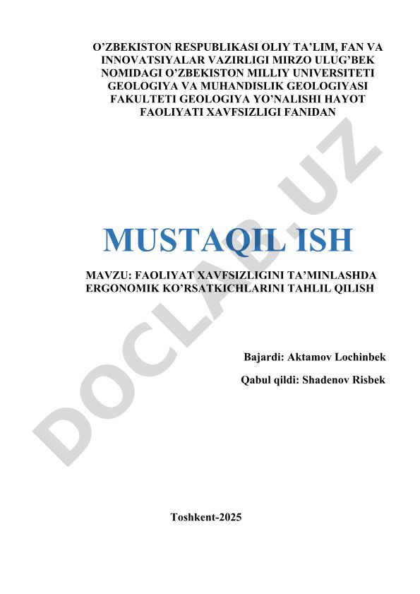 Faoliyat xavfsizligini ta'minlashda ergonomik ko'rsatkichlarini tahlil qilish