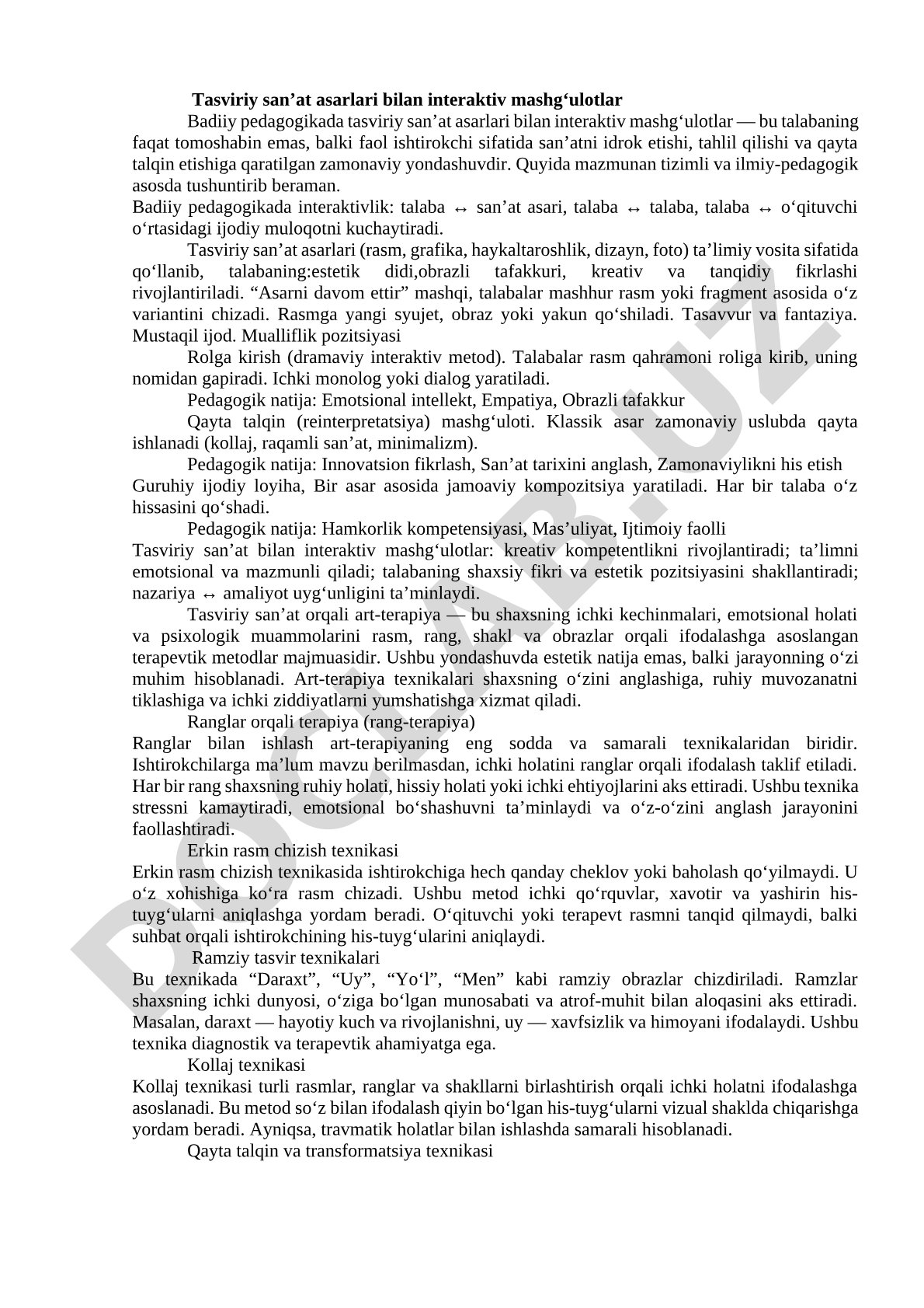 Tasviriy san’at asarlari bilan interaktiv mashg‘ulotlar
