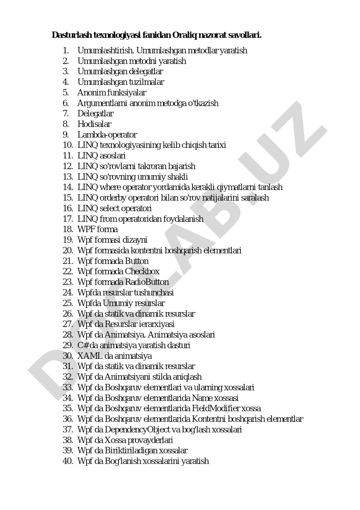 Dasturlash texnologiyasi fanidan Oraliq nazorat savollari