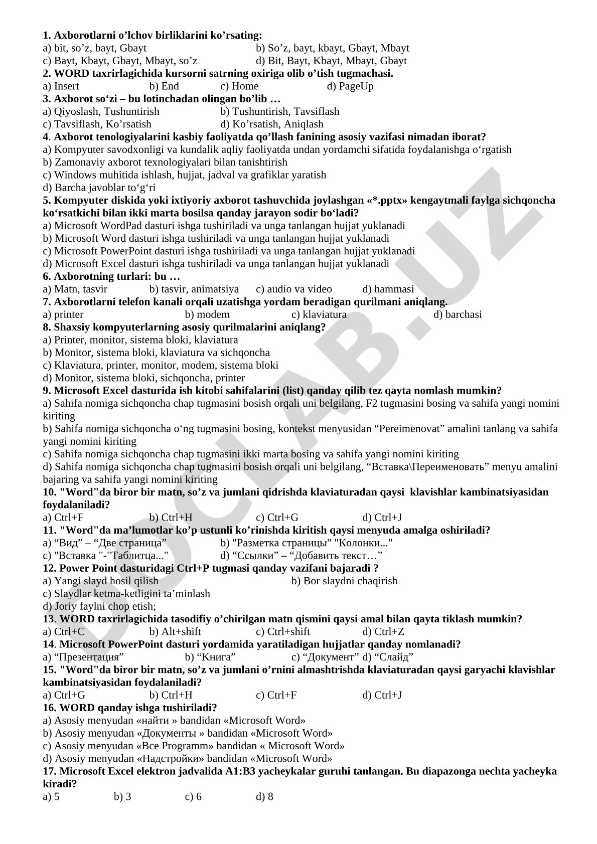 Axborot texnologiyalari asoslari fanidan test savollari