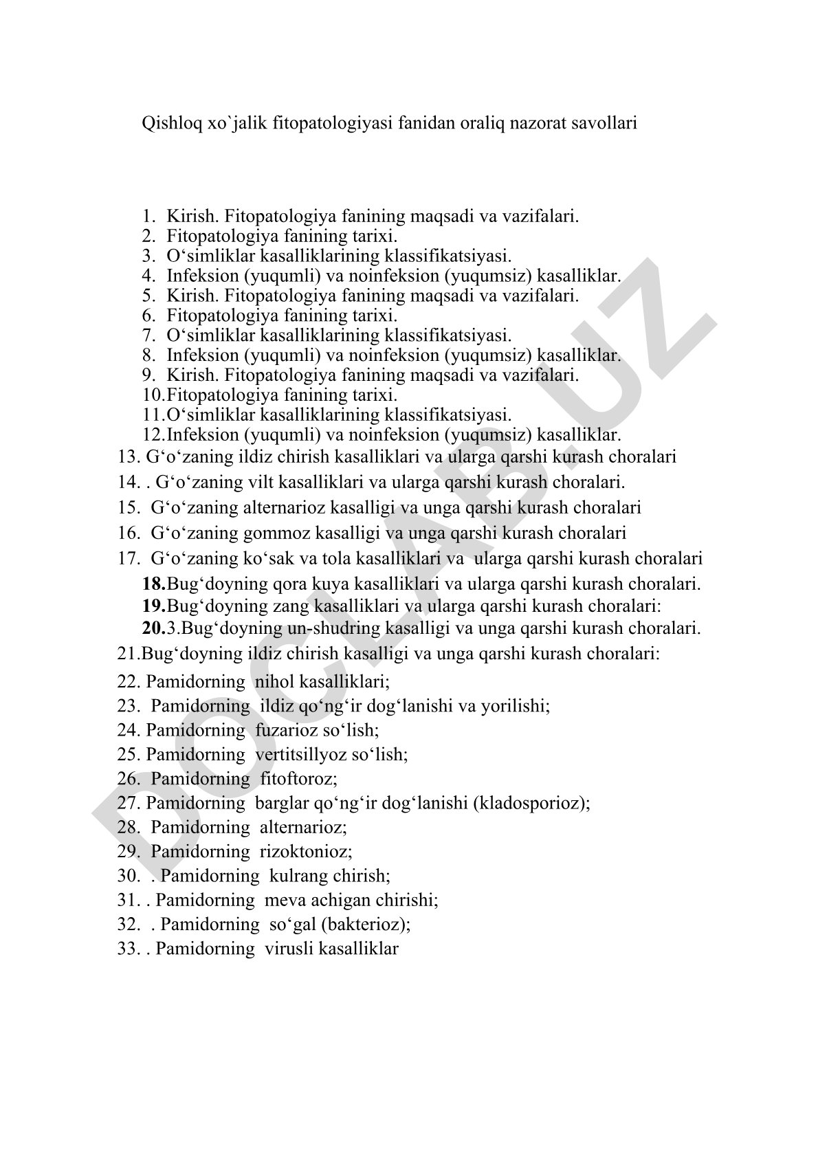 Qishloq xo'jalik fitopatologiyasi fanidan oraliq nazorat savollari