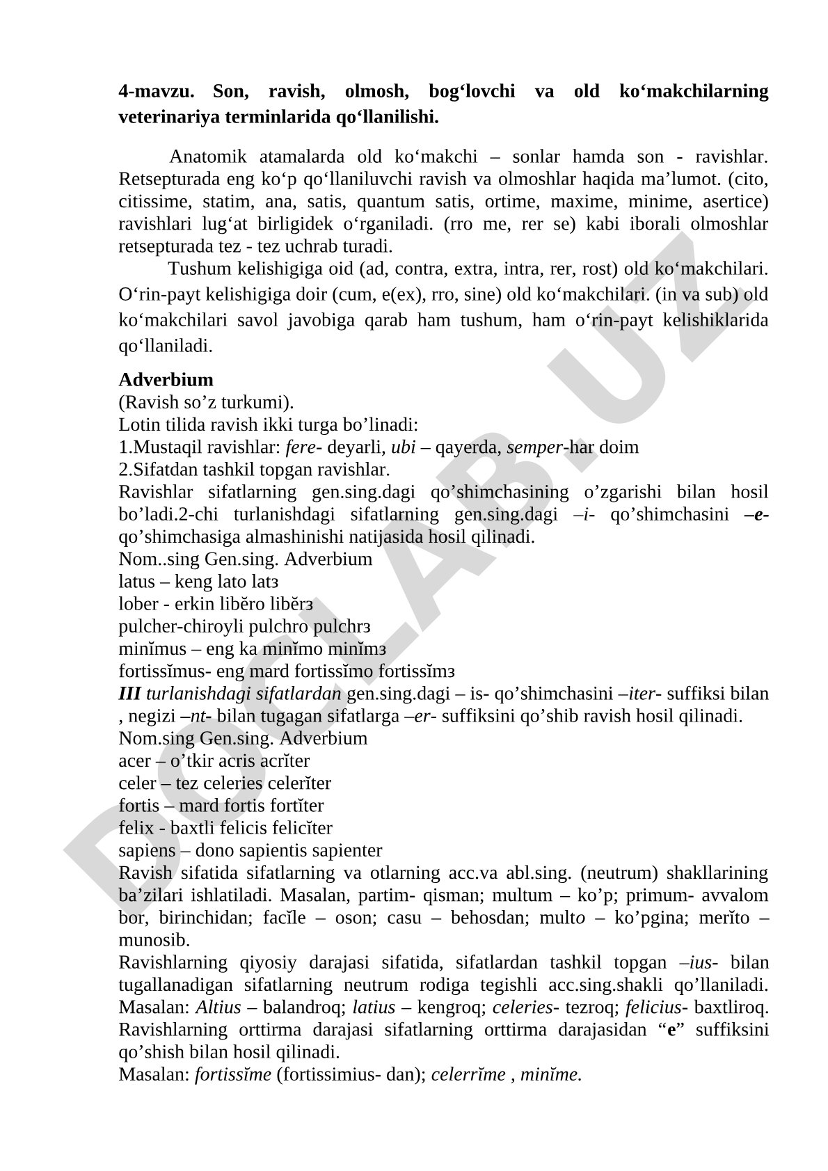 Son, ravish, olmosh, bog‘lovchi va old ko‘makchilarning veterinariya terminlarida qo‘llanilishi