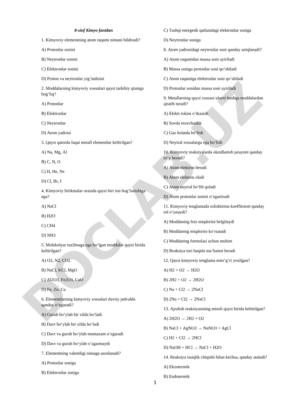 8-sinf kimyo fanidan atom tuzilishi va kimyoviy bog‘lanishga oid test savollari