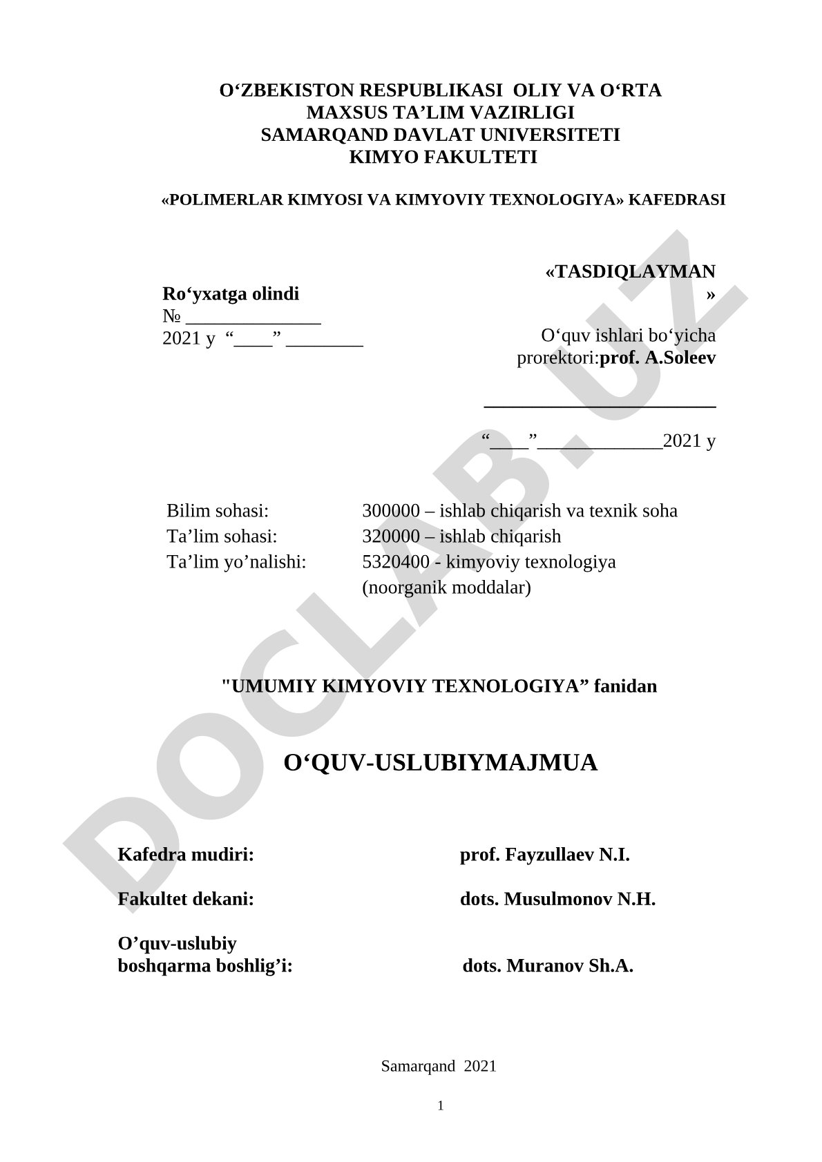 Umumiy kimyoviy texnologiya fanidan o'quv-uslubiy majmua