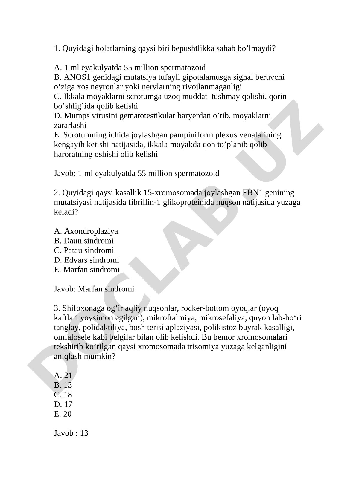 Tibbiy-biologik test savollari