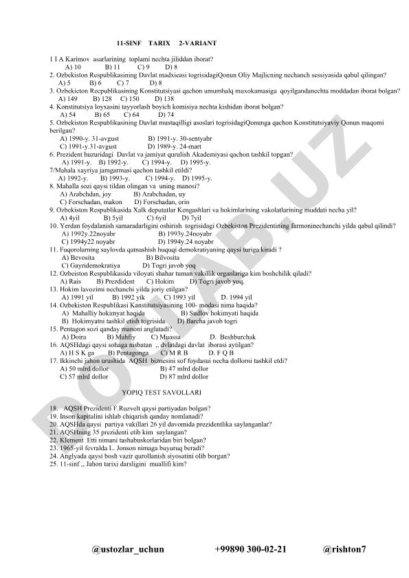 11-sinf tarix fanidan test savollari