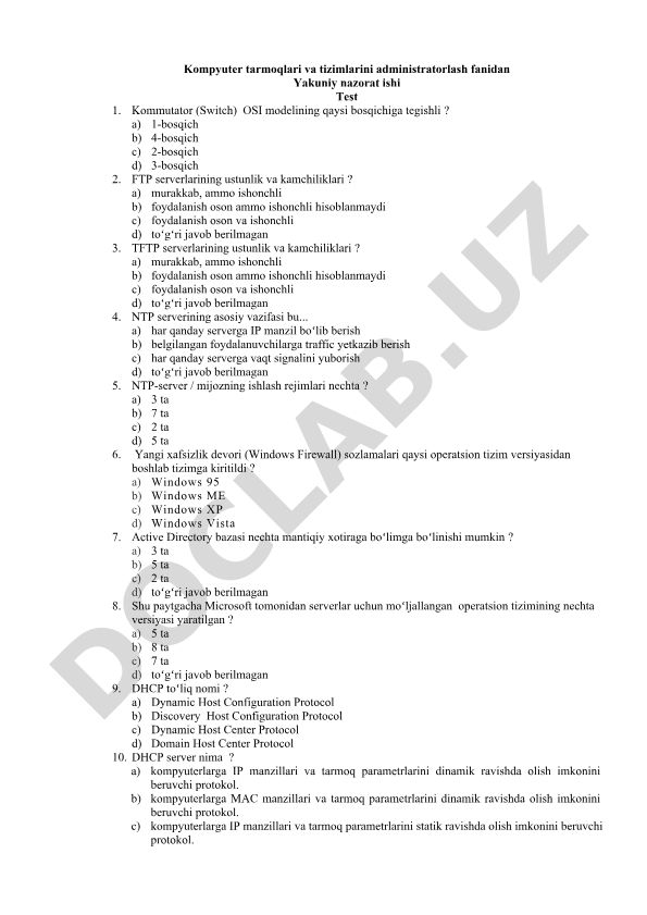 Kompyuter tarmoqlari va tizimlarini administratorlash fanidan yakuniy nazorat ishi