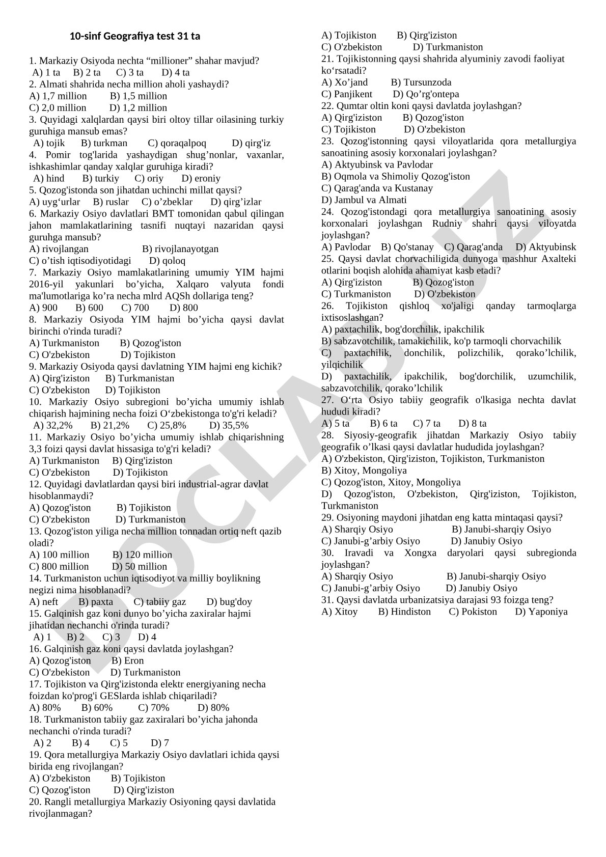 10-sinf Geografiya test 31 ta