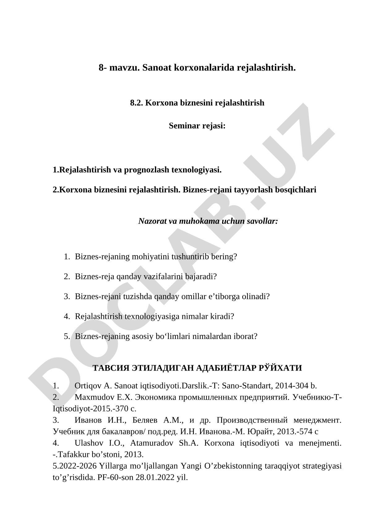Sanoat korxonalarida rejalashtirish. Korxona biznesini rejalashtirish