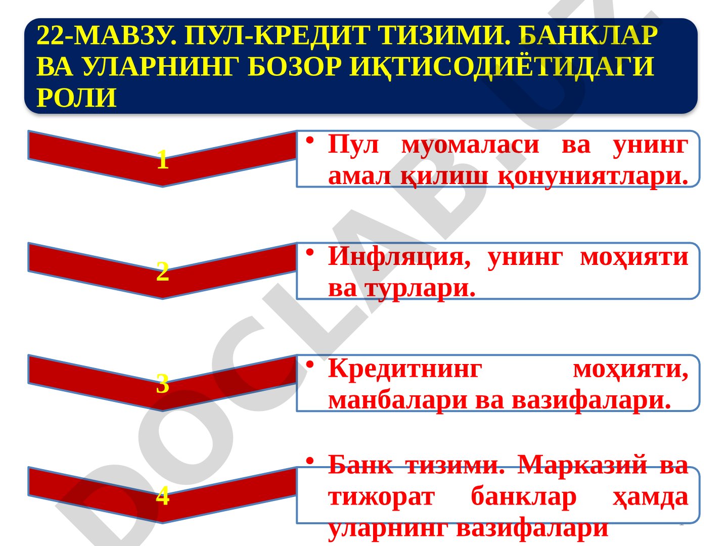 ПУЛ-КРЕДИТ ТИЗИМИ. БАНКЛАР ВА УЛАРНИНГ БОЗОР ИҚТИСОДИЁТИДАГИ РОЛИ