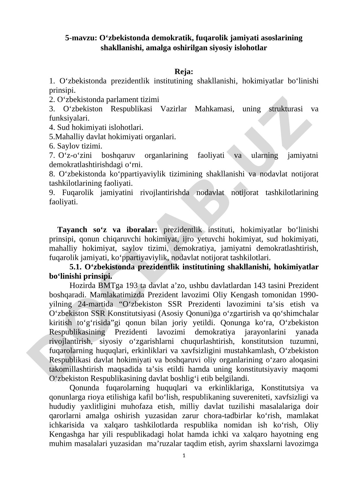 O‘zbekistonda demokratik, fuqarolik jamiyati asoslarining shakllanishi, amalga oshirilgan siyosiy islohotlar