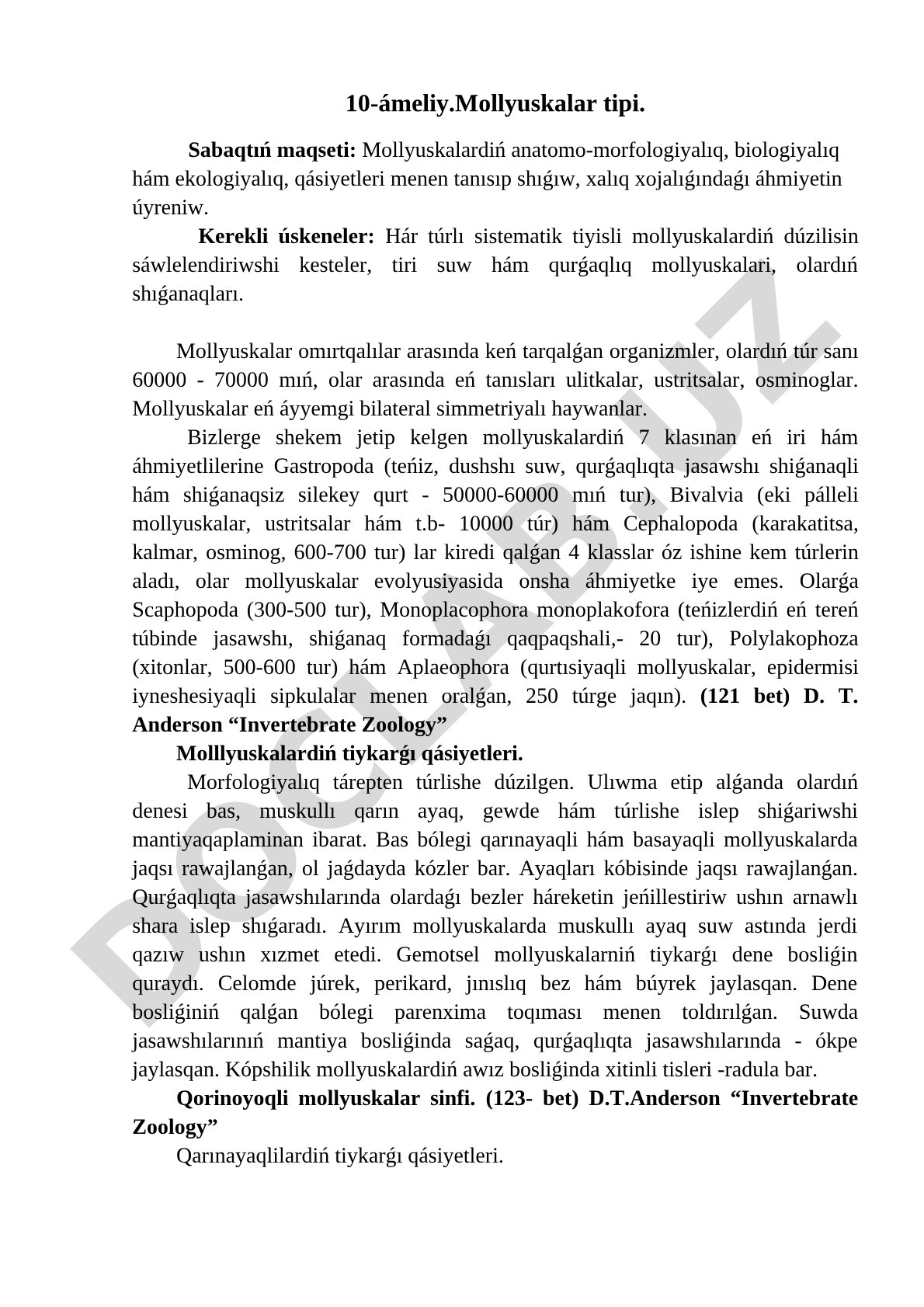 Mollyuskalar tipi: anatomo-morfologiyalıq, biologiyalıq hám ekologiyalıq qásiyetleri