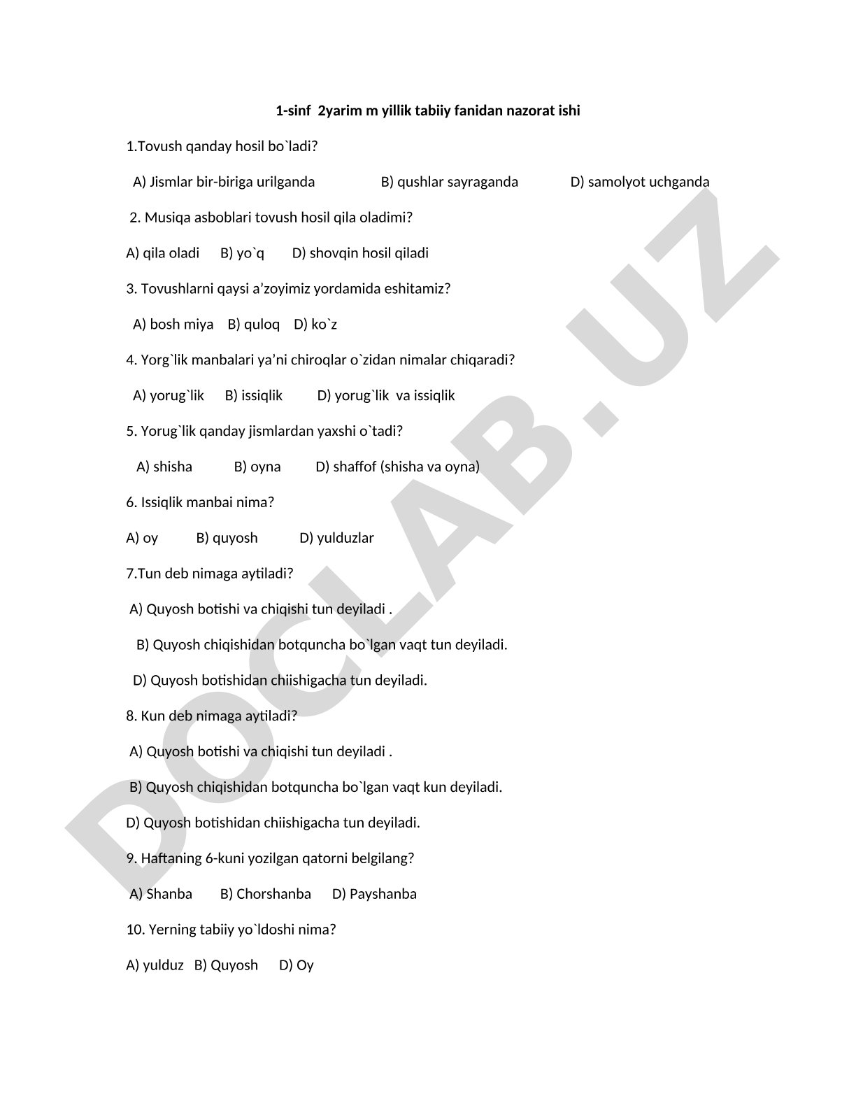 1-sinf tabiiy fanidan 2-yarim yillik nazorat ishi