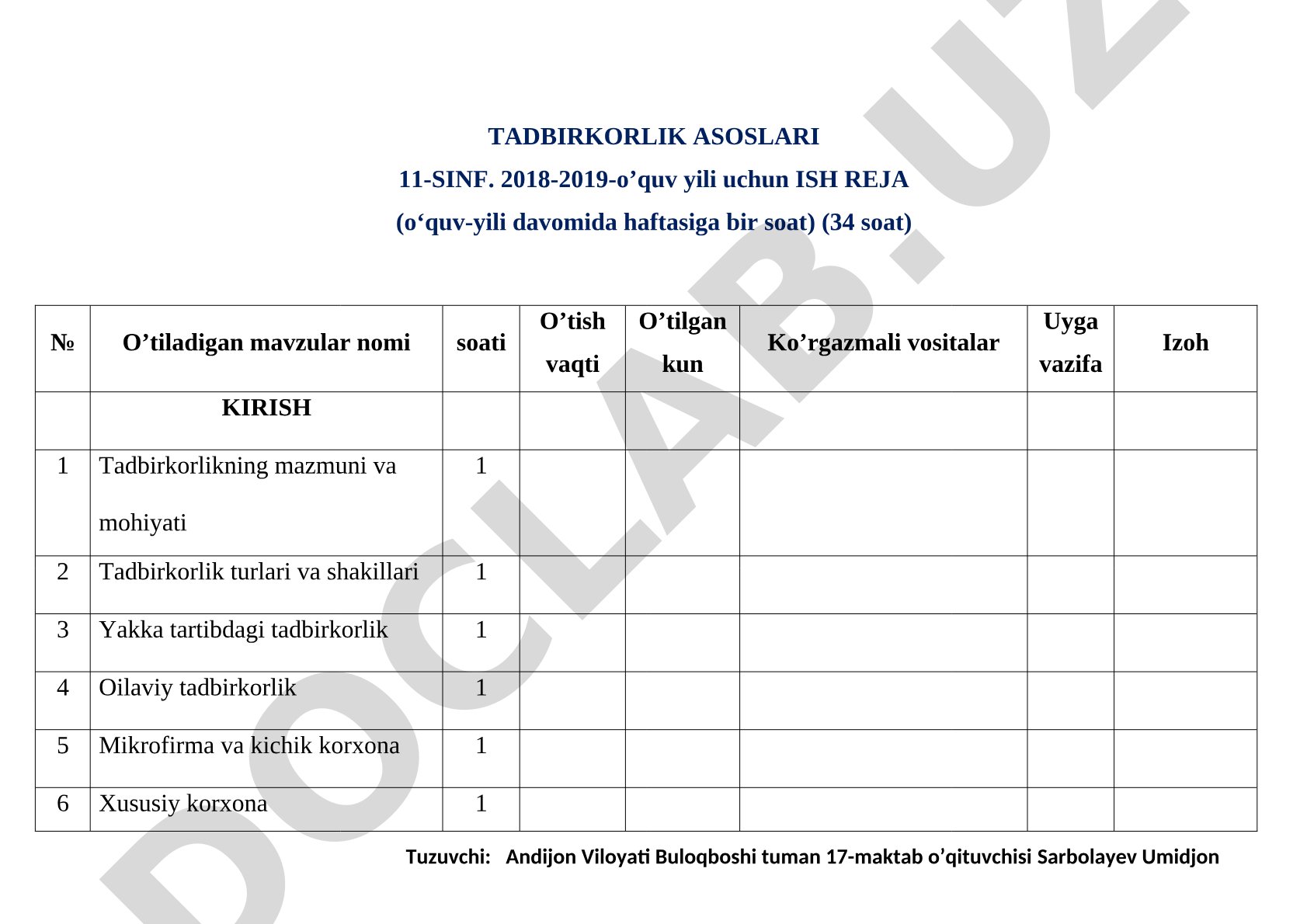 Tadbirkorlik asoslari 11-sinf ish reja (2018-2019-o'quv yili)