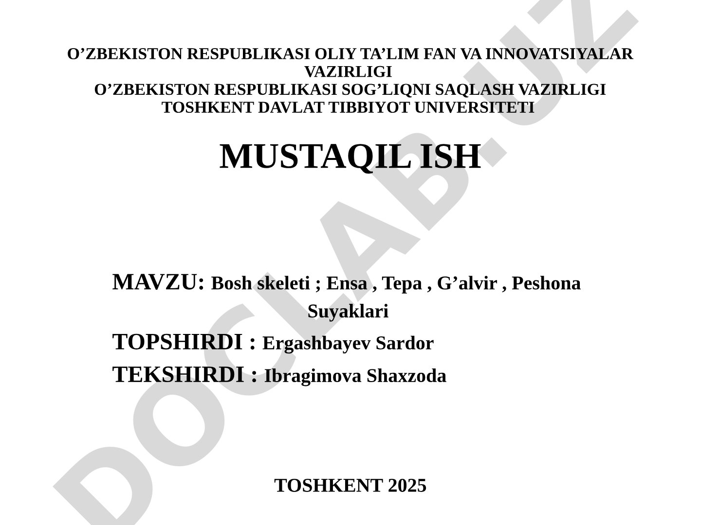 Bosh skeleti; Ensa, Tepa, G’alvir, Peshona suyaklari