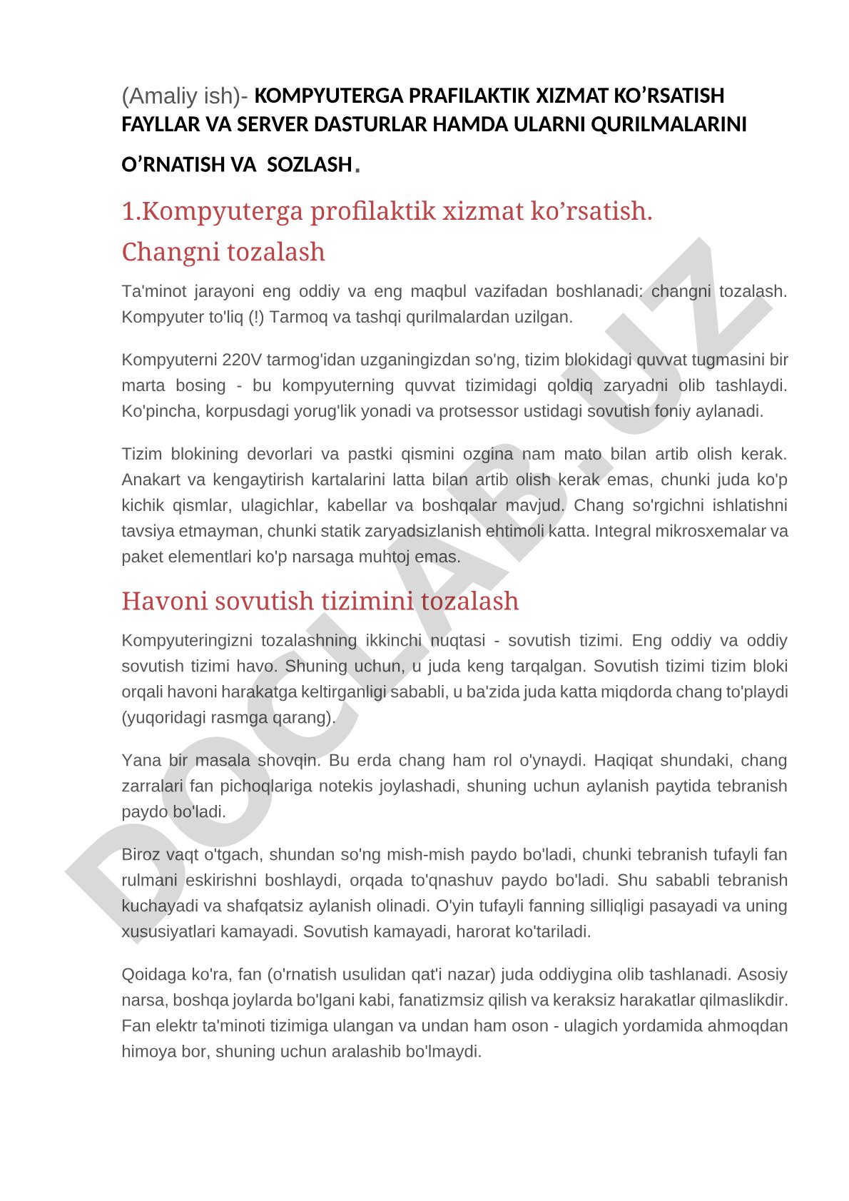 Kompyuterga profilaktik xizmat ko'rsatish, fayllar va server dasturlar hamda ularni qurilmalarini o'rnatish va sozlash