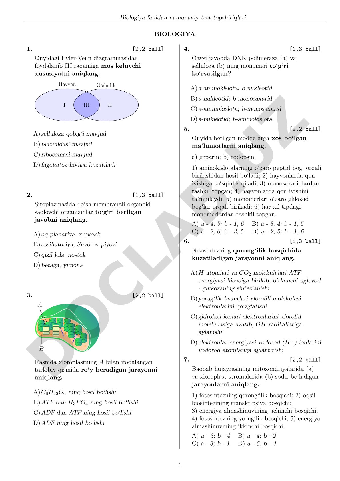Biologiya fanidan namunaviy test topshiriqlari