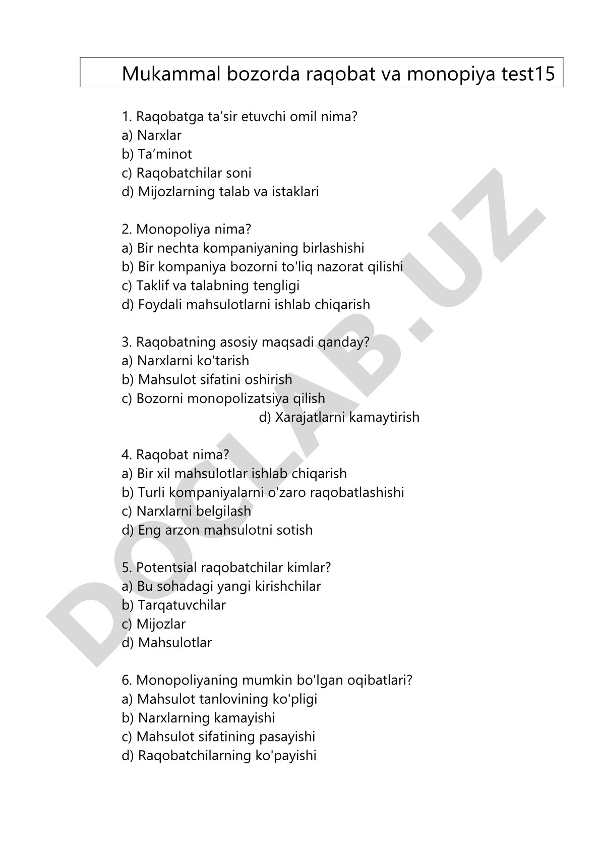 Mukammal bozorda raqobat va monopoliya testi
