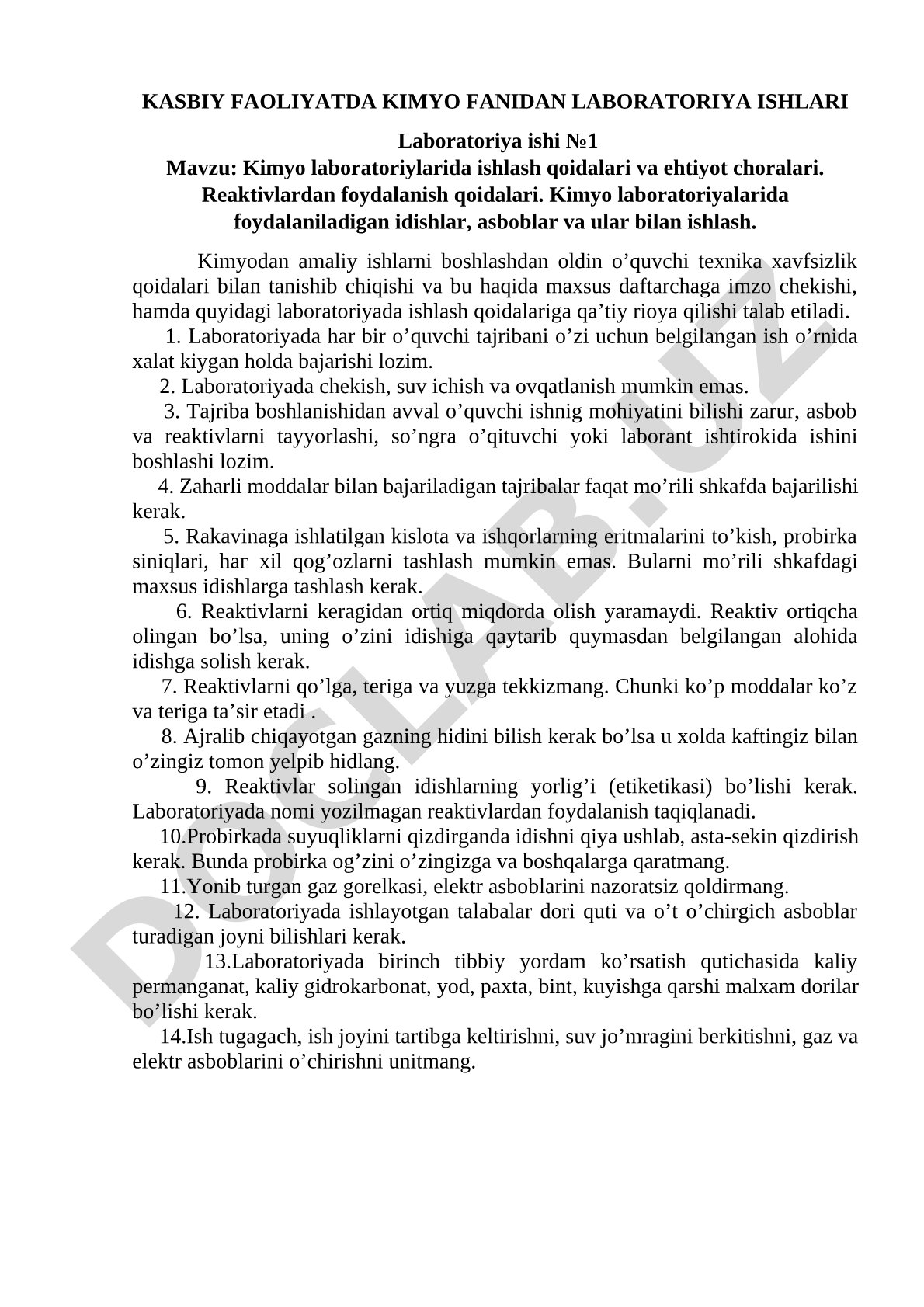 Kimyo laboratoriyalarida ishlash qoidalari va ehtiyot choralari