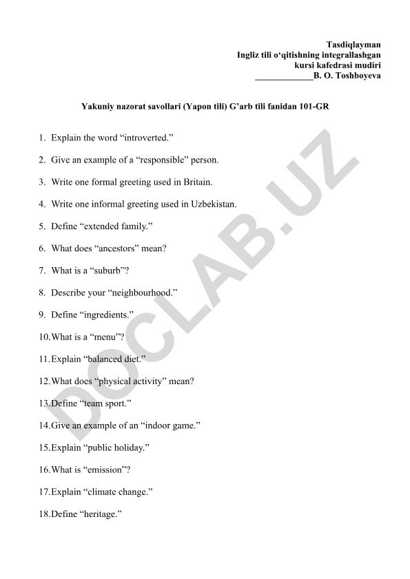 Yakuniy nazorat savollari (Yapon tili) G'arb tili fanidan