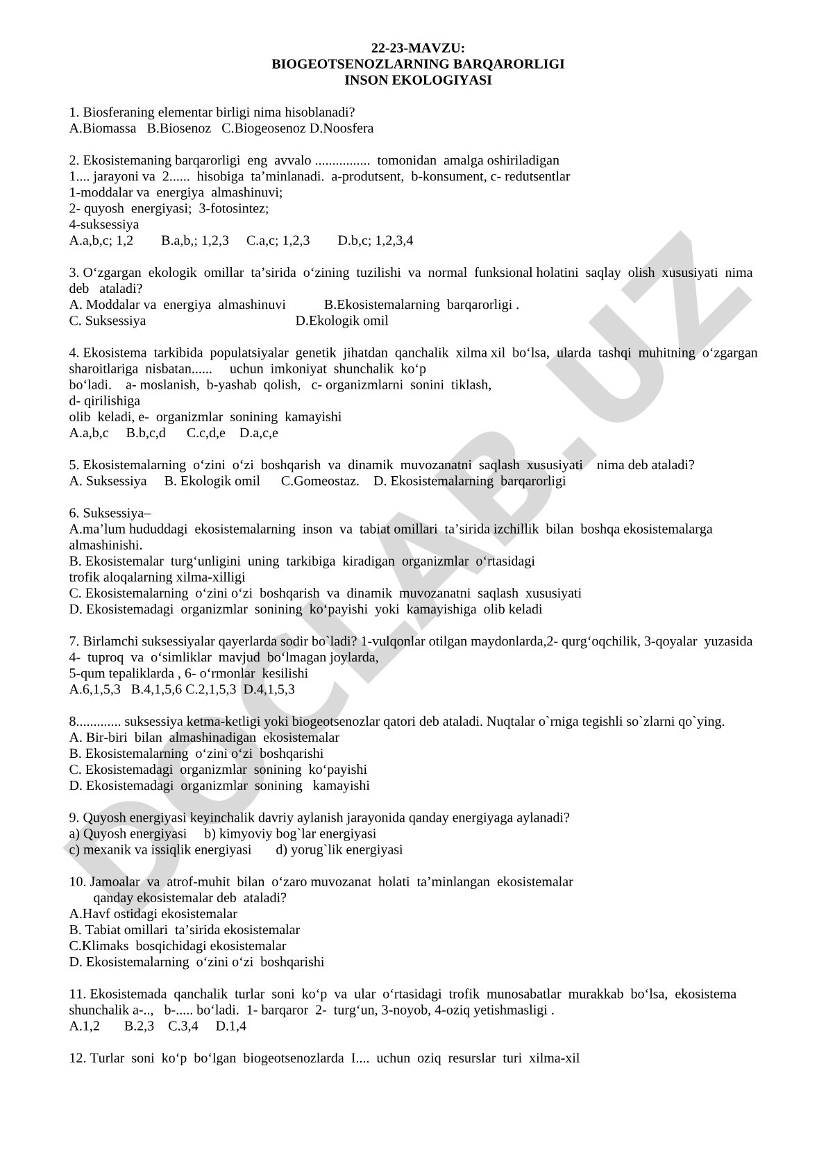 BIOGEOTSENOZLARNING BARQARORLIGI INSON EKOLOGIYASI