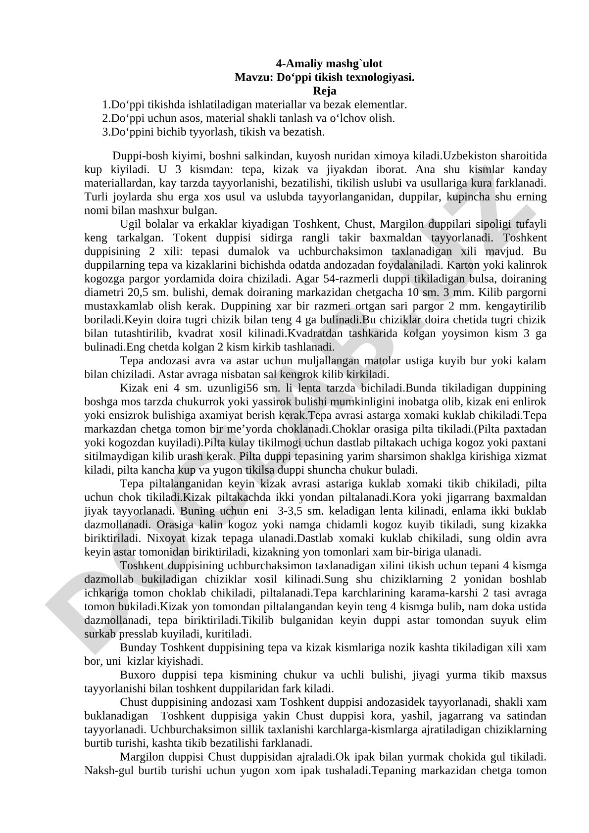 Do'ppi tikishda materiallar, o'lchov olish, bichish, tikish va bezatish bosqichlari