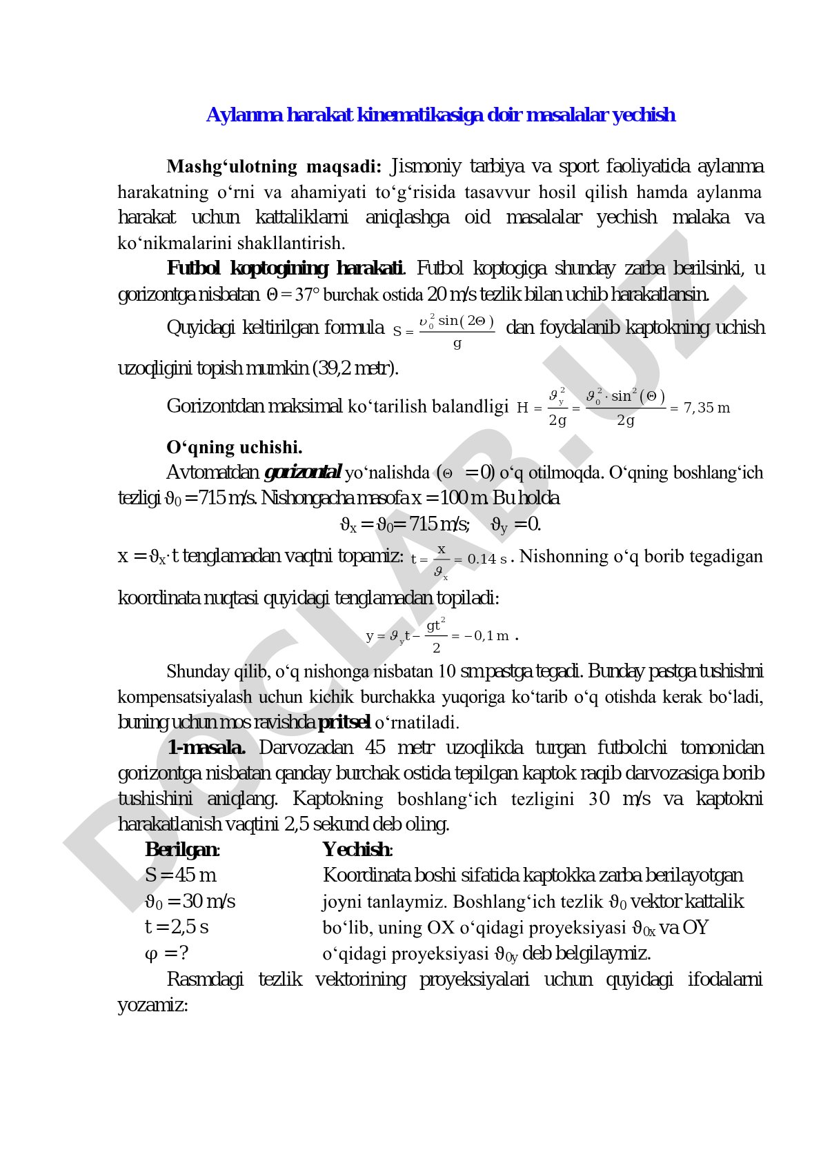 Aylanma harakat kinematikasiga doir masalalar yechish