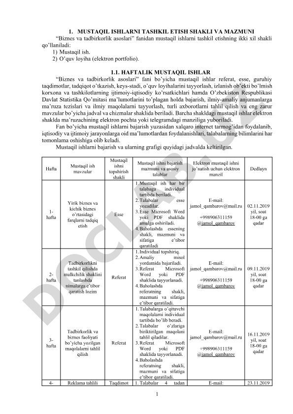 Biznes va tadbirkorlik asoslari fanidan mustaqil ishlarni tashkil etish