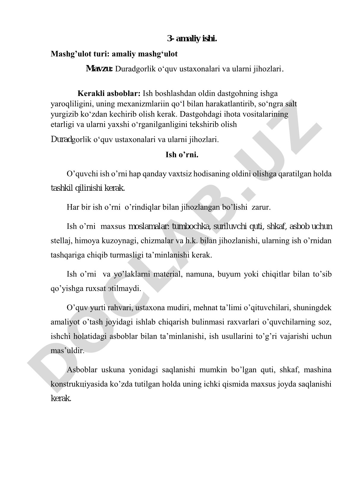 Duradgorlik o‘quv ustaxonalari va ularni jihozlari