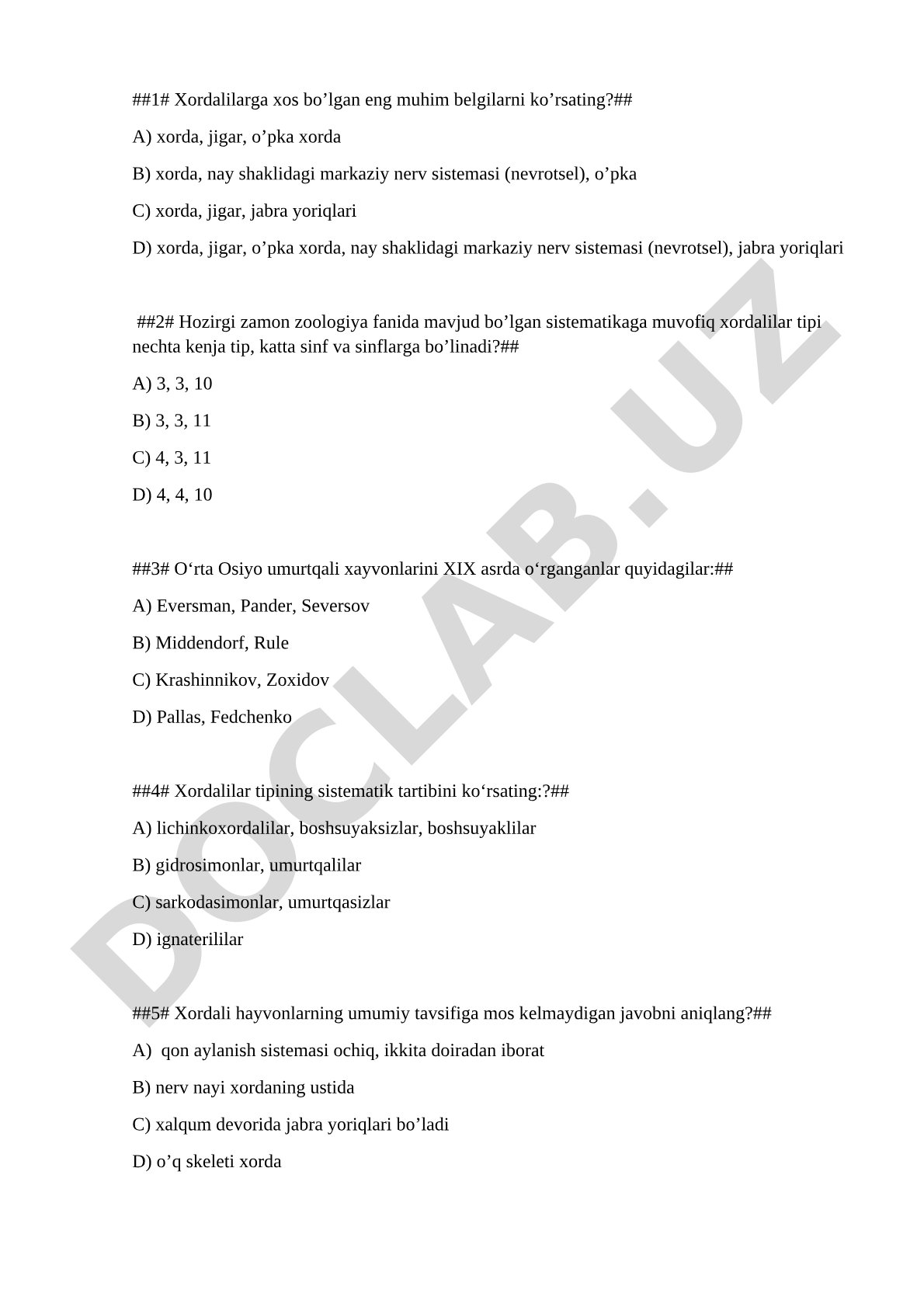 Xordalilar tipi test savollari