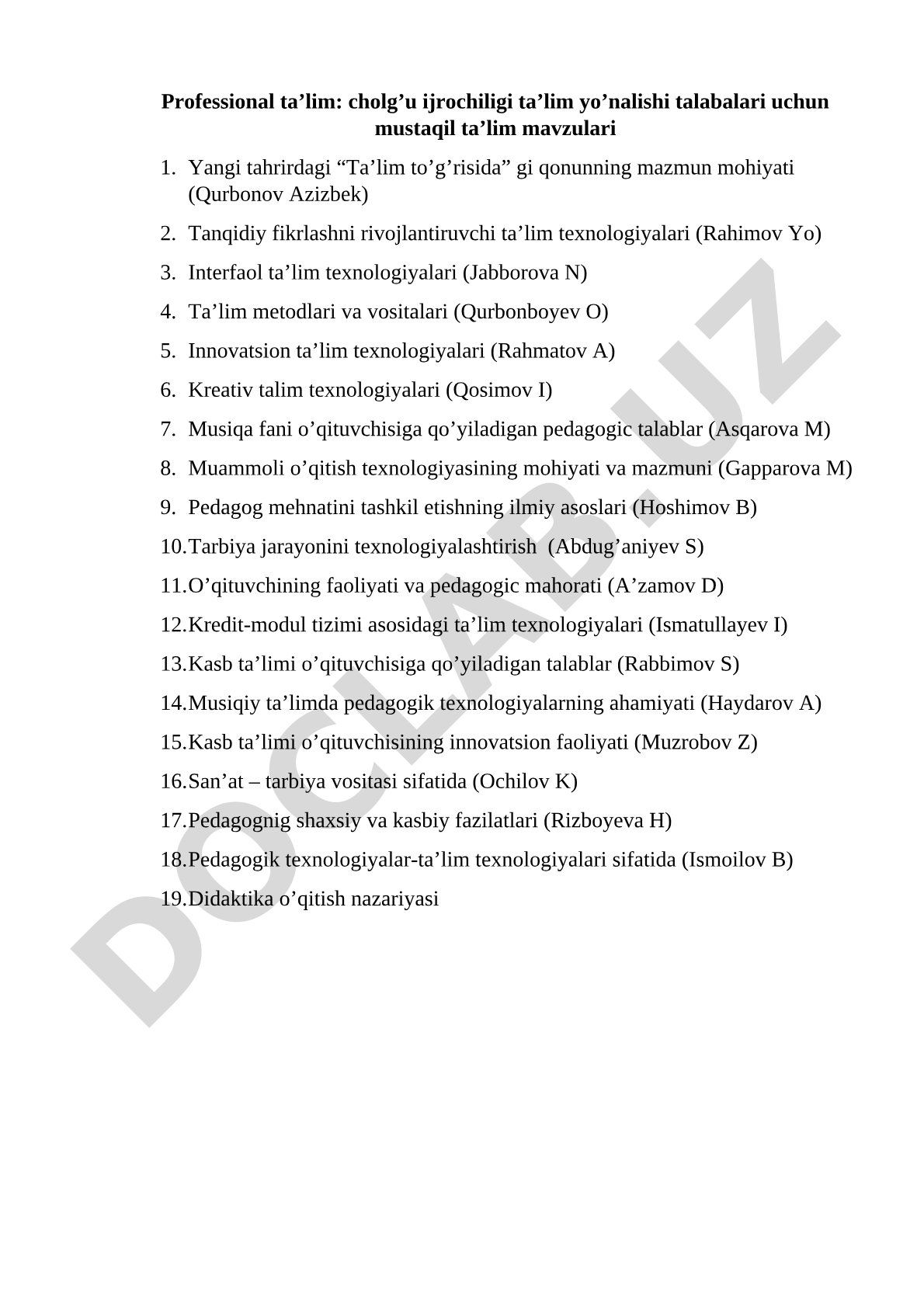 Professional ta’lim: cholg’u ijrochiligi ta’lim yo’nalishi mustaqil ta’lim mavzulari