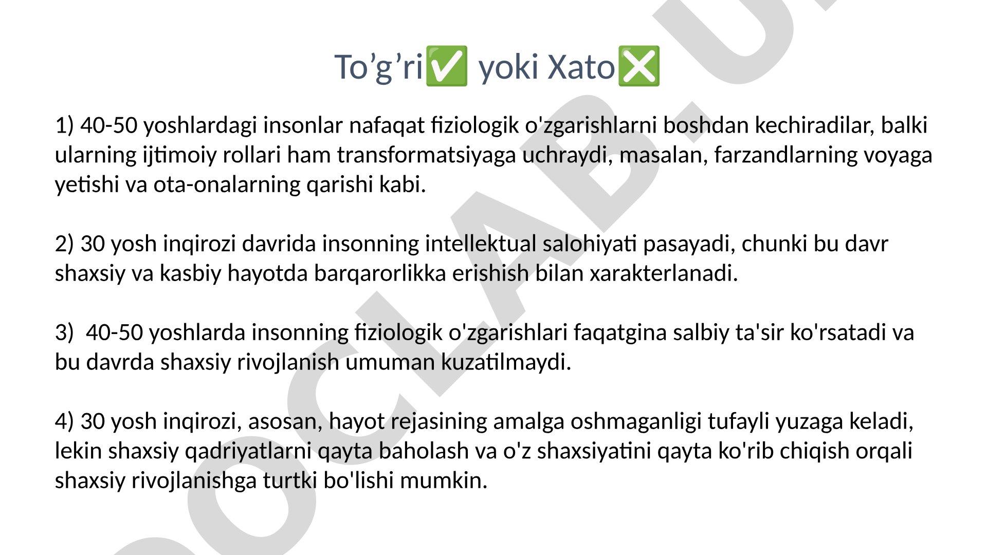 30 va 40-50 yoshlardagi inqirozlar haqida test savollari