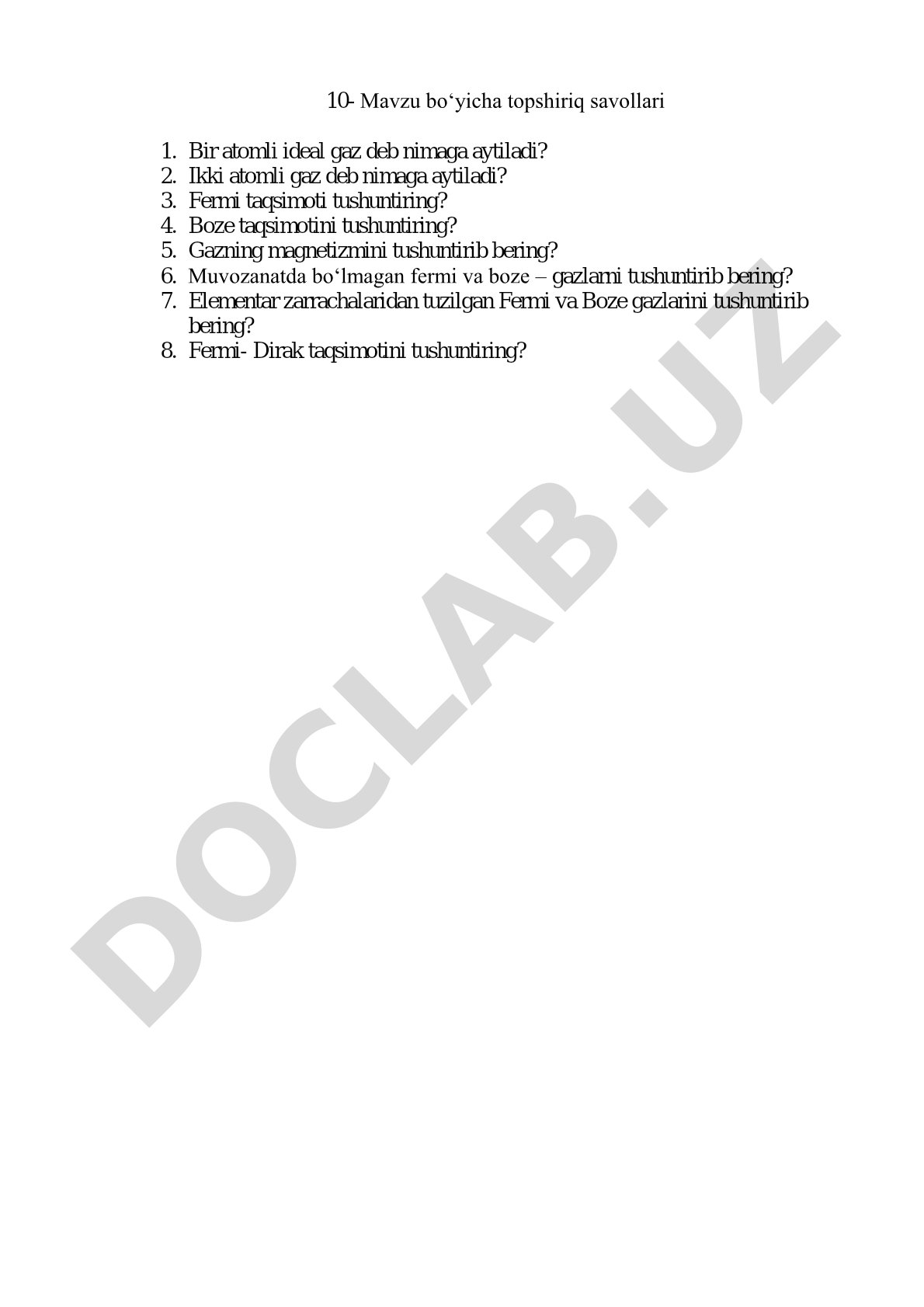 10- Mavzu bo‘yicha topshiriq savollari