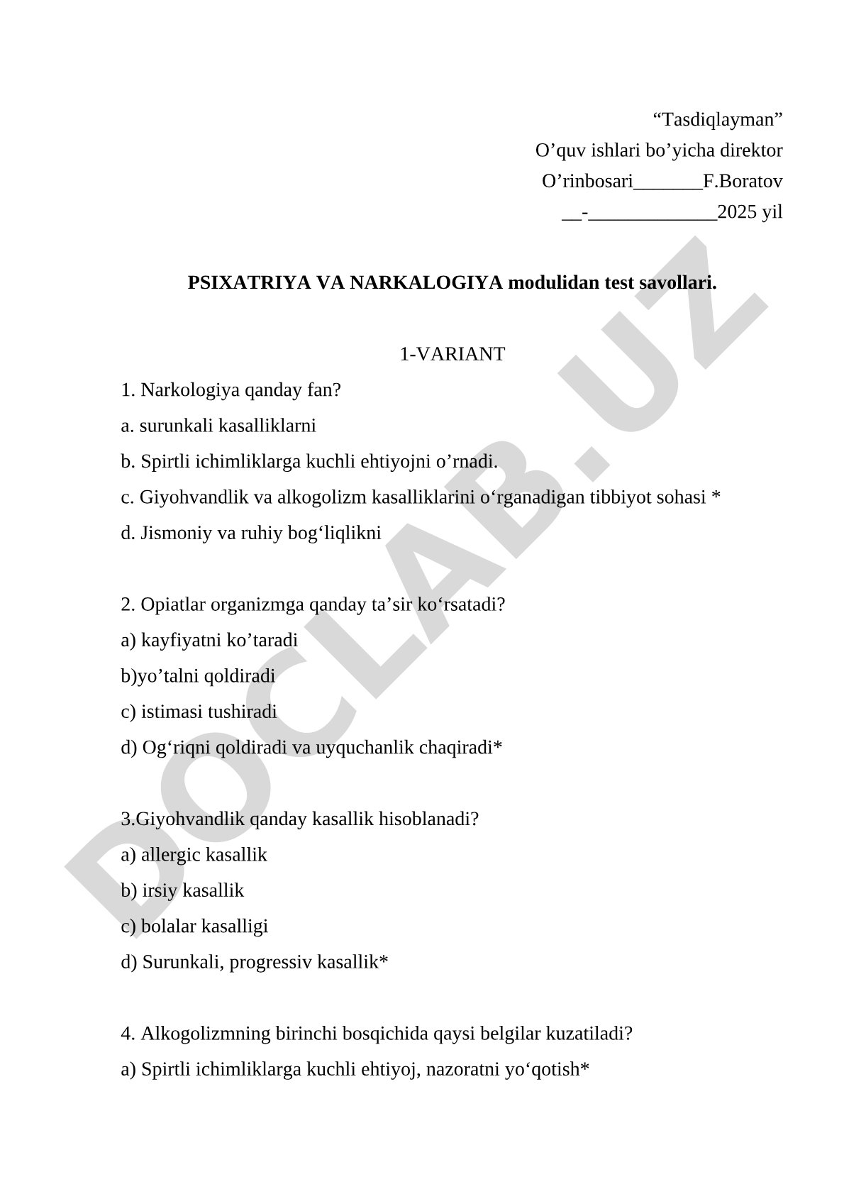 Psixatriya va narkalogiya modulidan test savollari