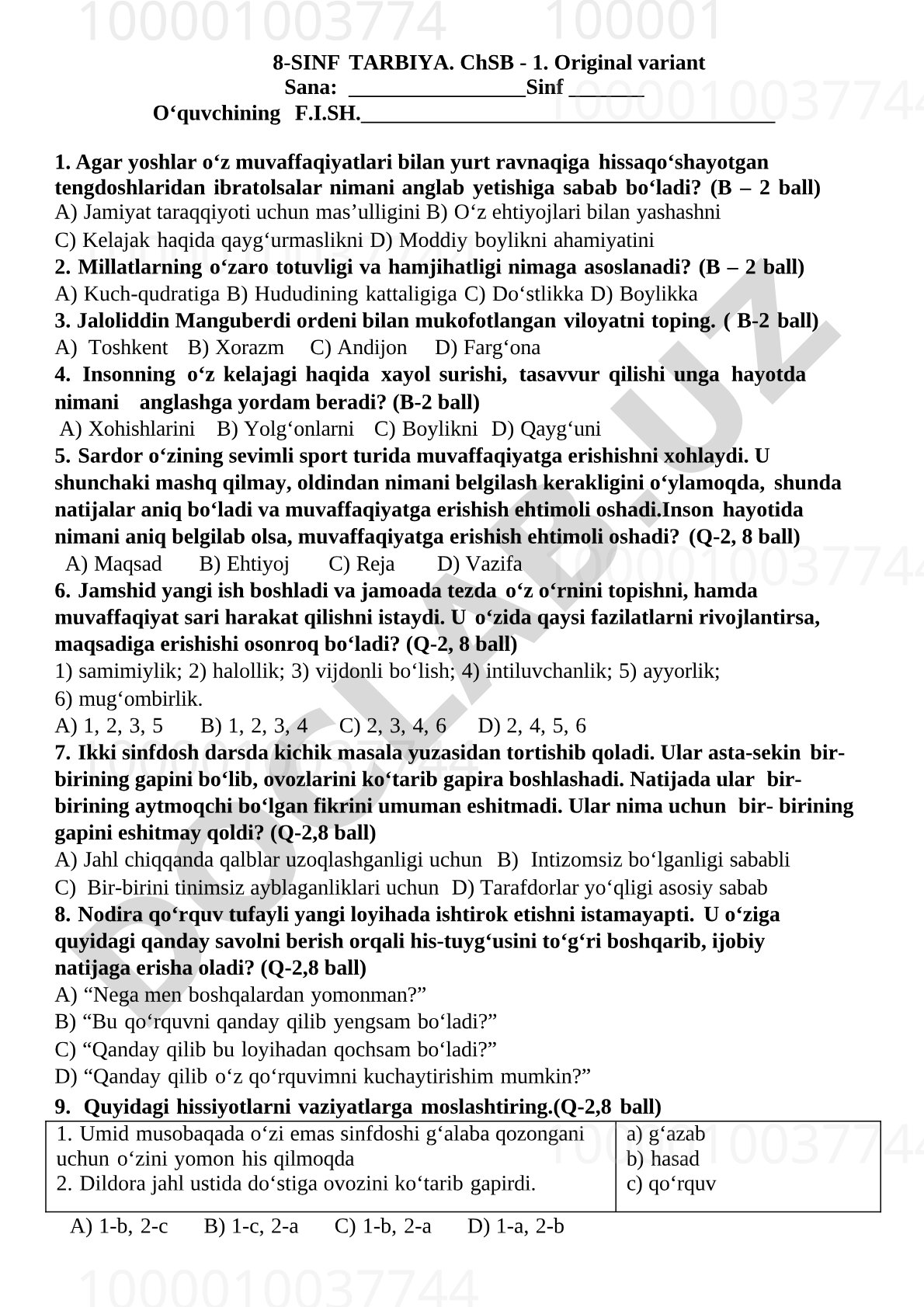 8-sinf Tarbiya fanidan ChSB-1 test