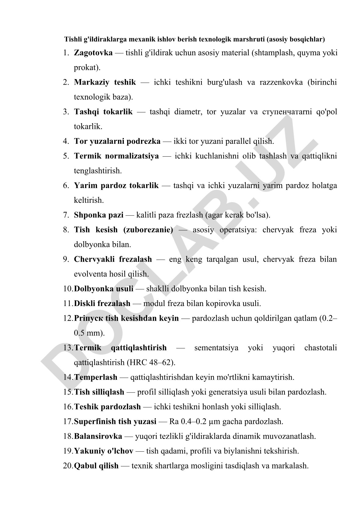 Tishli g'ildiraklarga mexanik ishlov berish texnologik marshruti