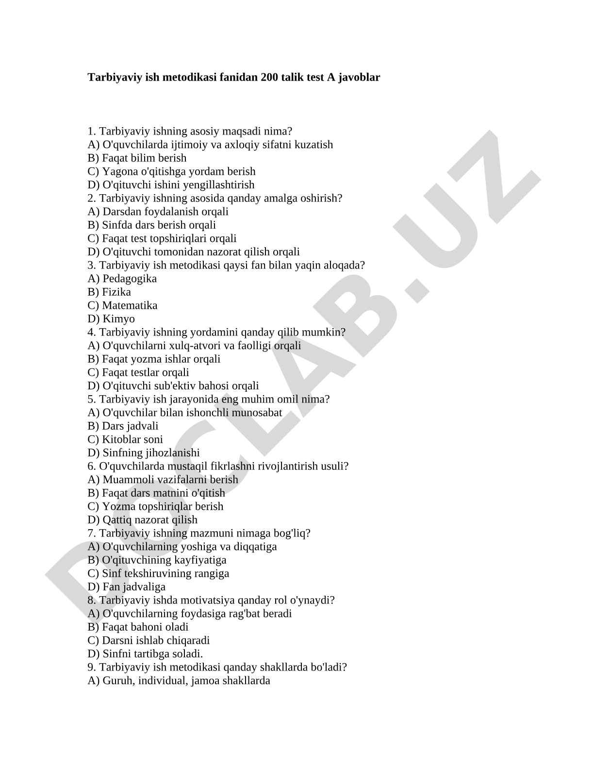 Tarbiyaviy ish metodikasi fanidan 200 talik test A javoblar