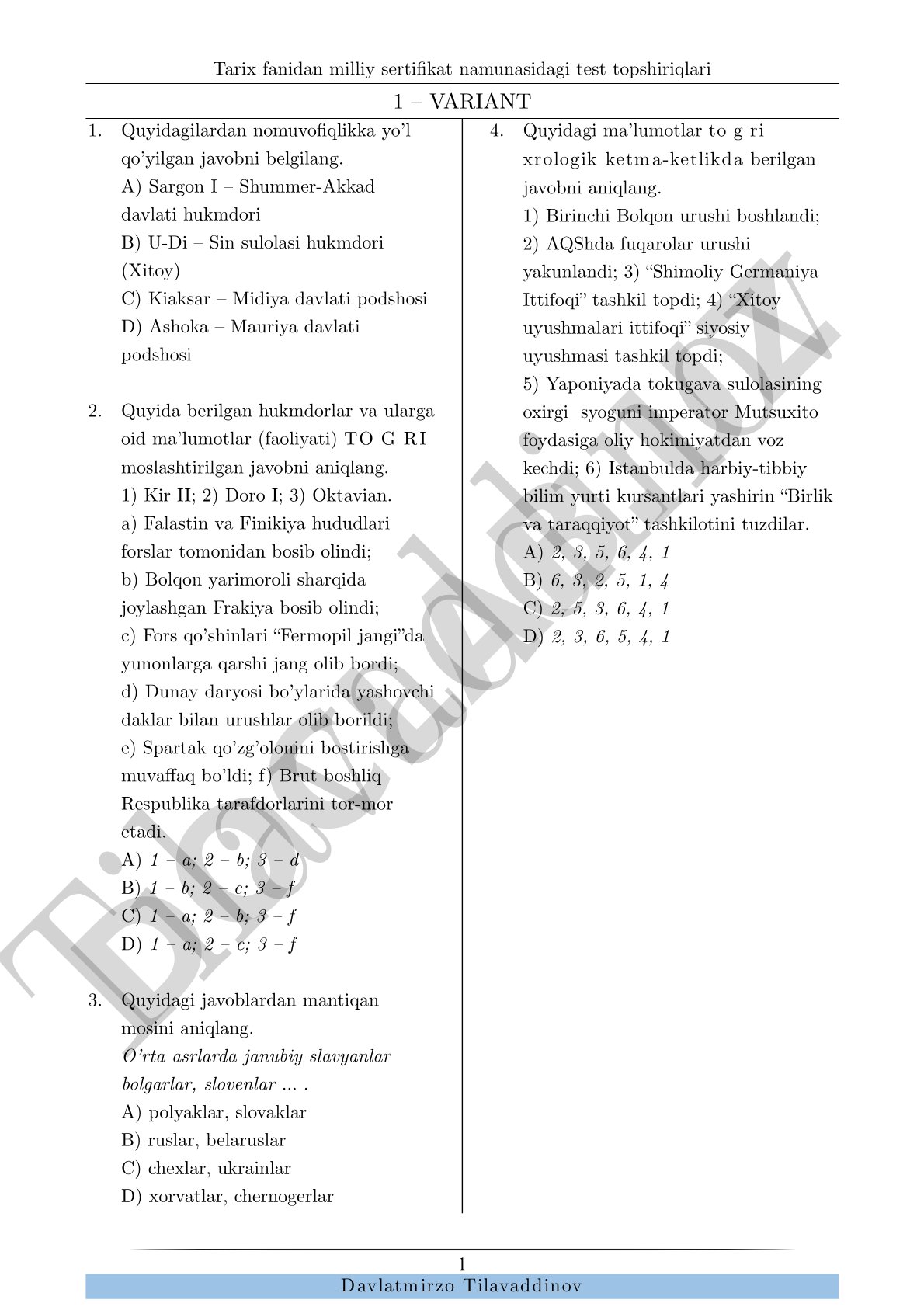 Tarix fanidan milliy sertifikat test topshiriqlari