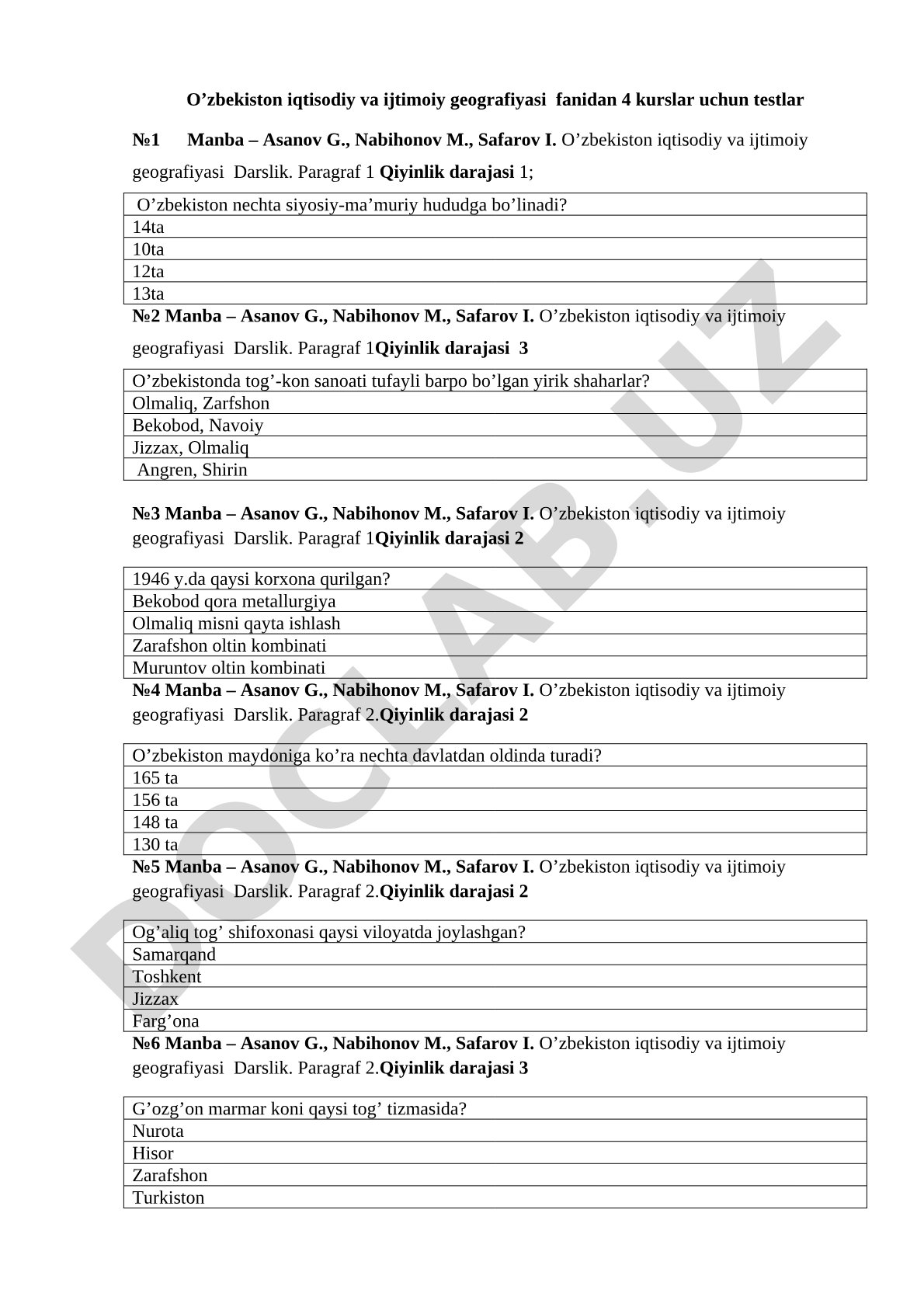 O’zbekiston iqtisodiy va ijtimoiy geografiyasi fanidan 4 kurslar uchun testlar