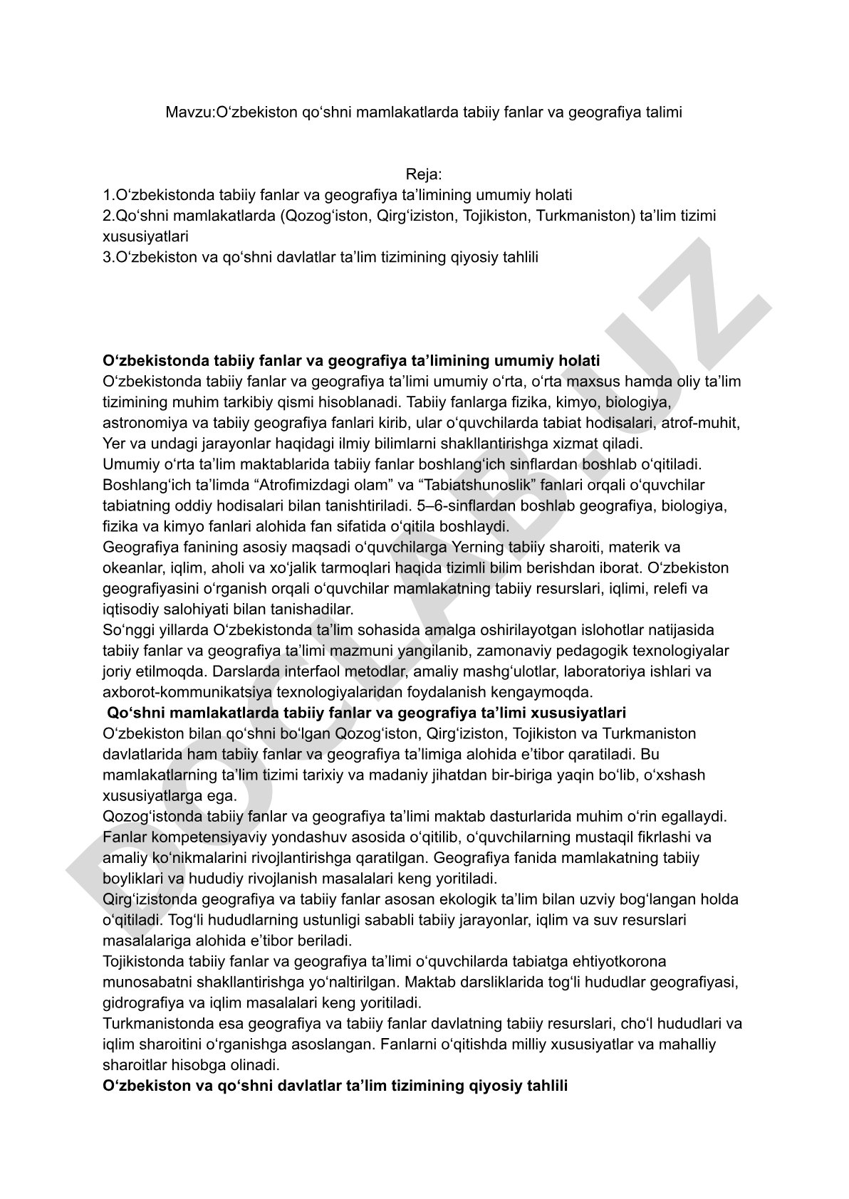 Oʻzbekiston qoʻshni mamlakatlarda tabiiy fanlar va geografiya talimi