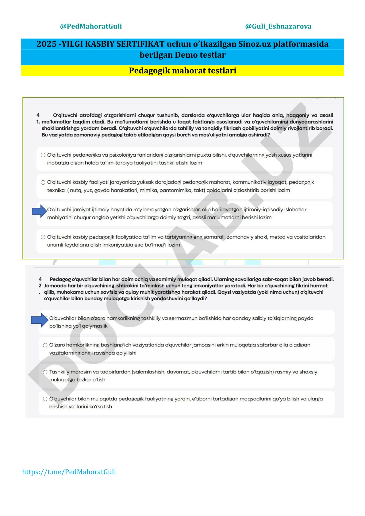 Pedagogik mahorat demo testlari va javoblari