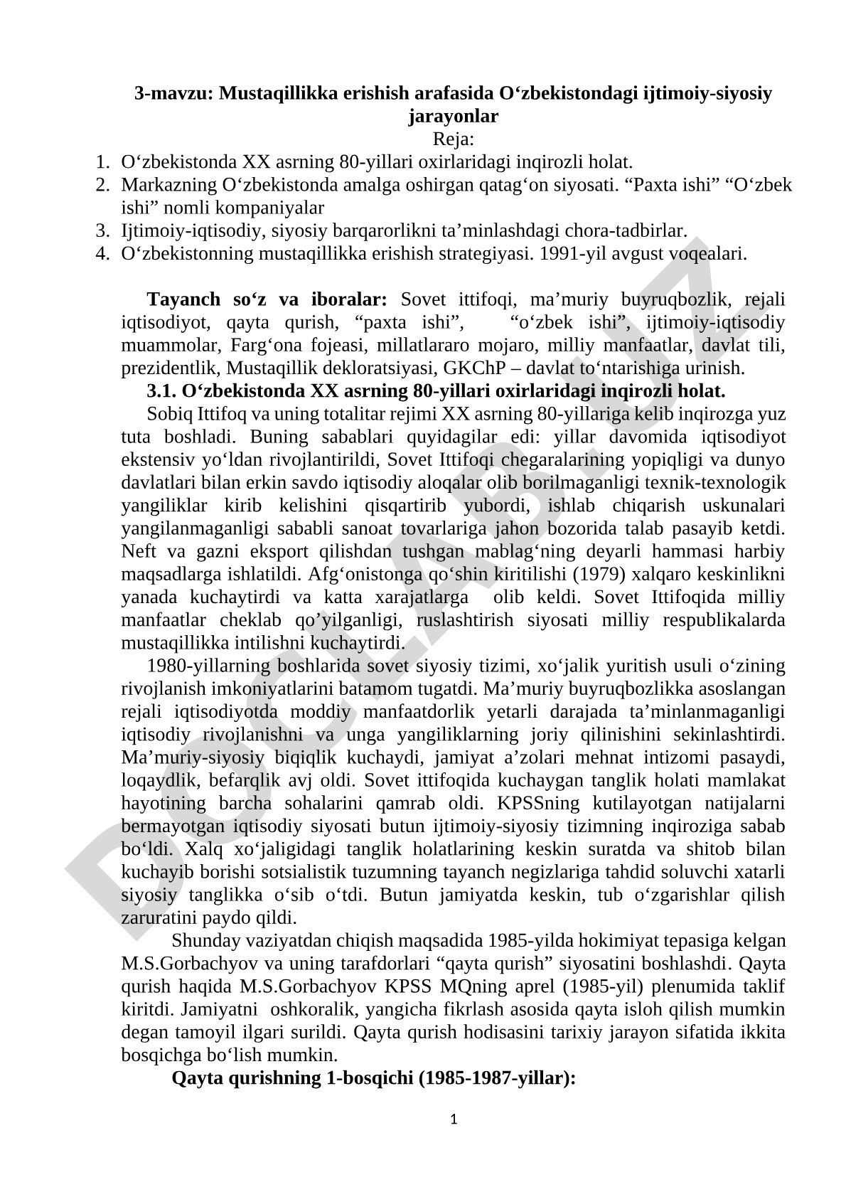 Mustaqillikka erishish arafasida Oʻzbekistondagi ijtimoiy-siyosiy jarayonlar
