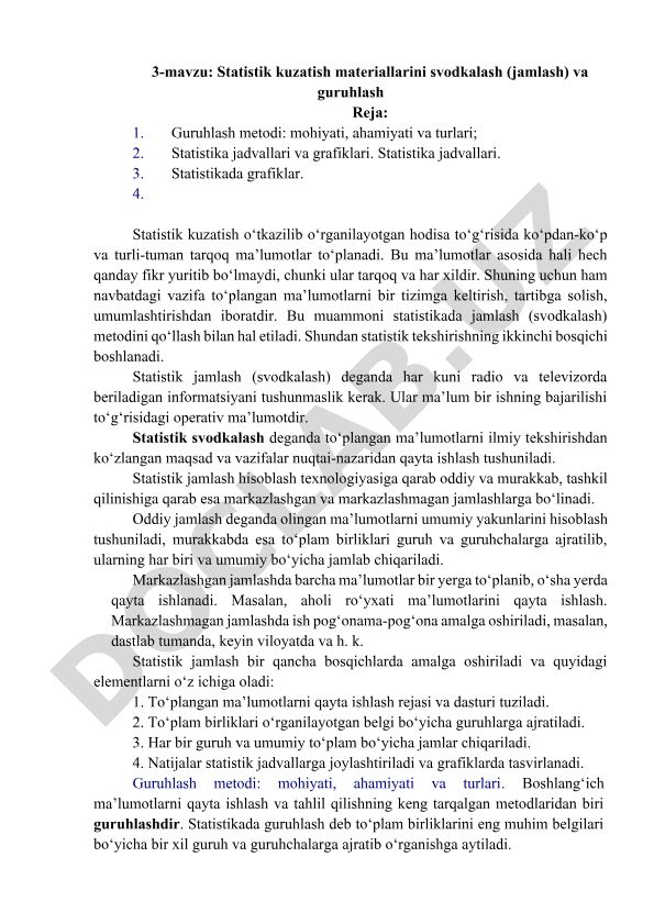 Statistik kuzatish materiallarini svodkalash (jamlash) va guruhlash
