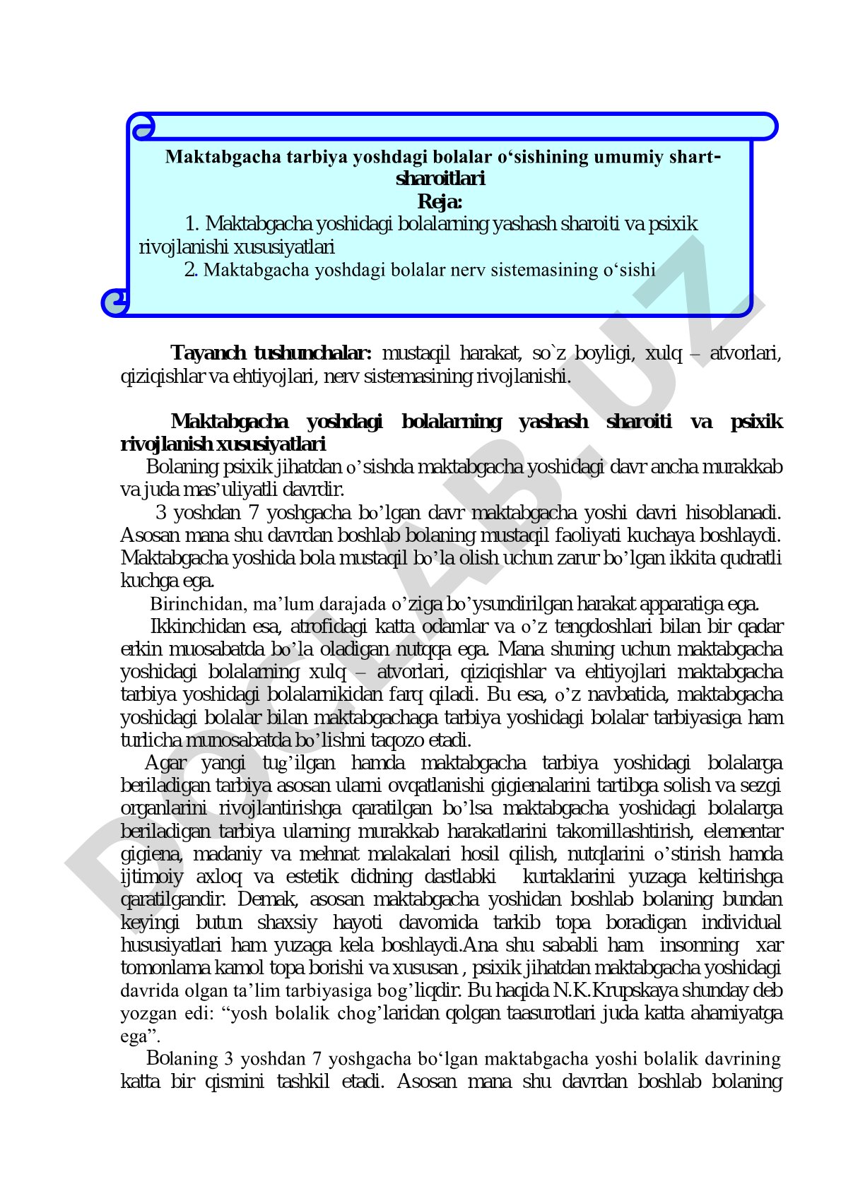 Maktabgacha yoshdagi bolalarning yashash sharoiti va psixik rivojlanish xususiyatlari