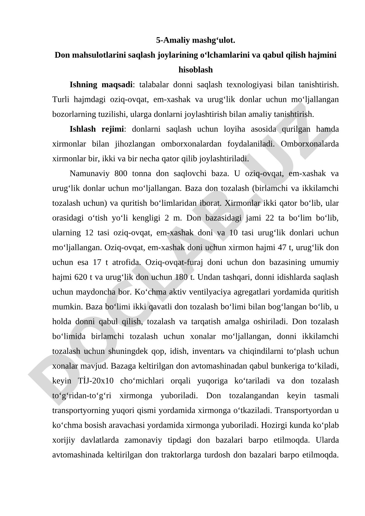 Don mahsulotlarini saqlash joylarining oʻlchamlarini va qabul qilish hajmini hisoblash