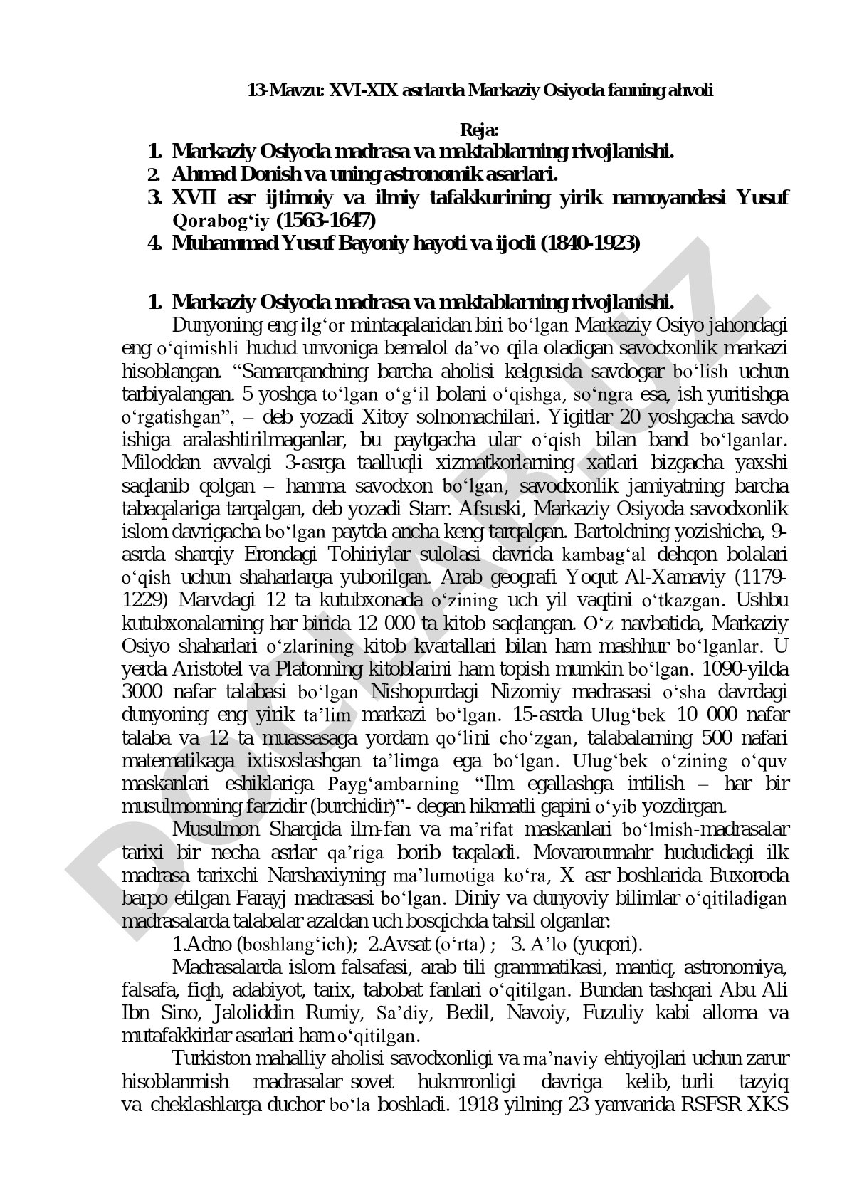 XVI-XIX asrlarda Markaziy Osiyoda fanning ahvoli