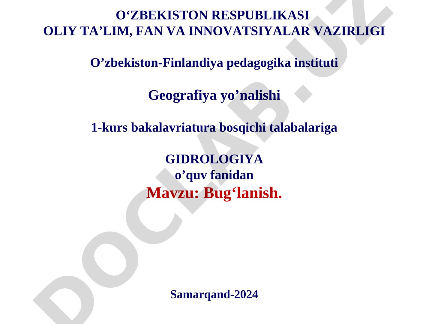 Gidrologiya fanidan bug'lanish mavzusidagi ma'ruza matni