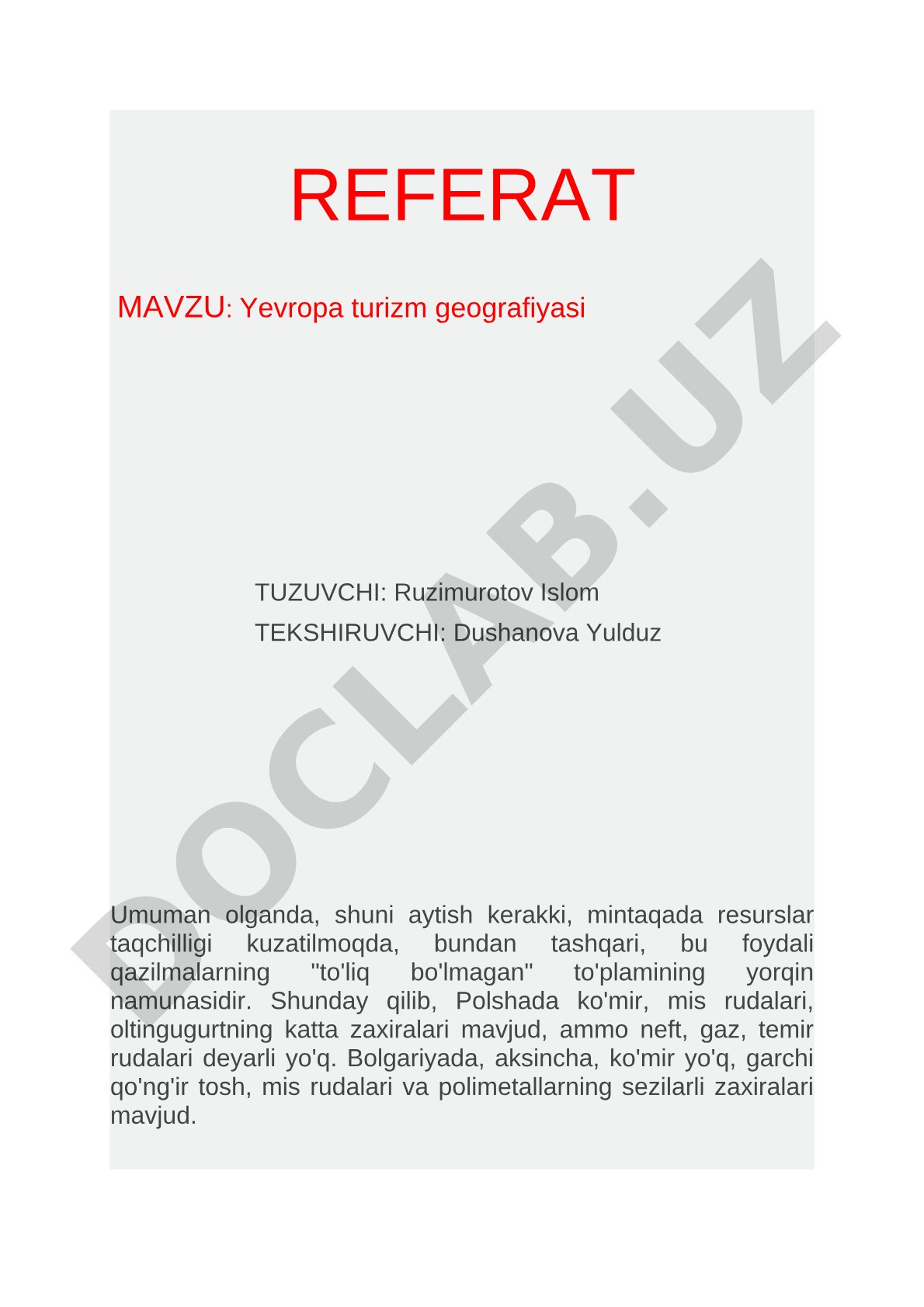 Referat Yevropa turizm geografiyasi, aholi va resurslar haqida ma'lumot beradi