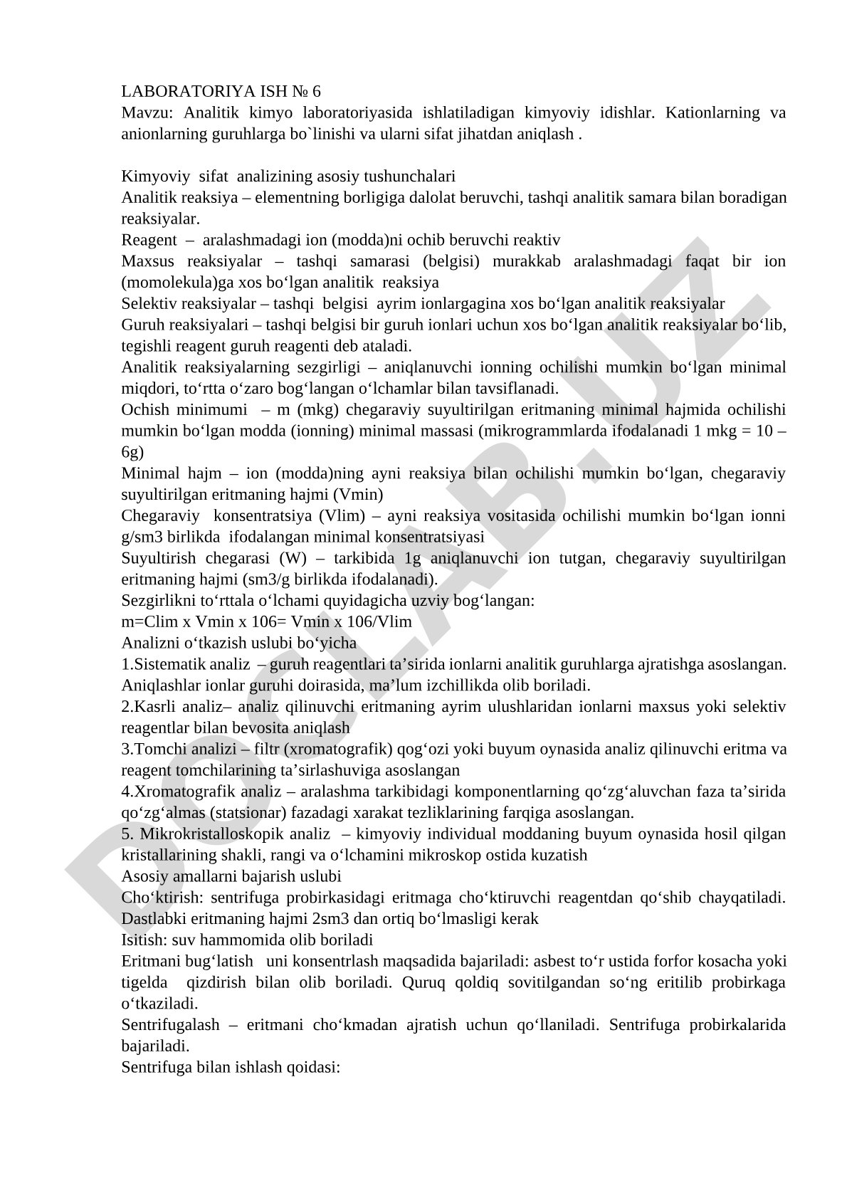 Analitik kimyo laboratoriyasida ishlatiladigan kimyoviy idishlar. Kationlarning va anionlarning guruhlarga bo'linishi va ularni sifat jihatdan aniqlash